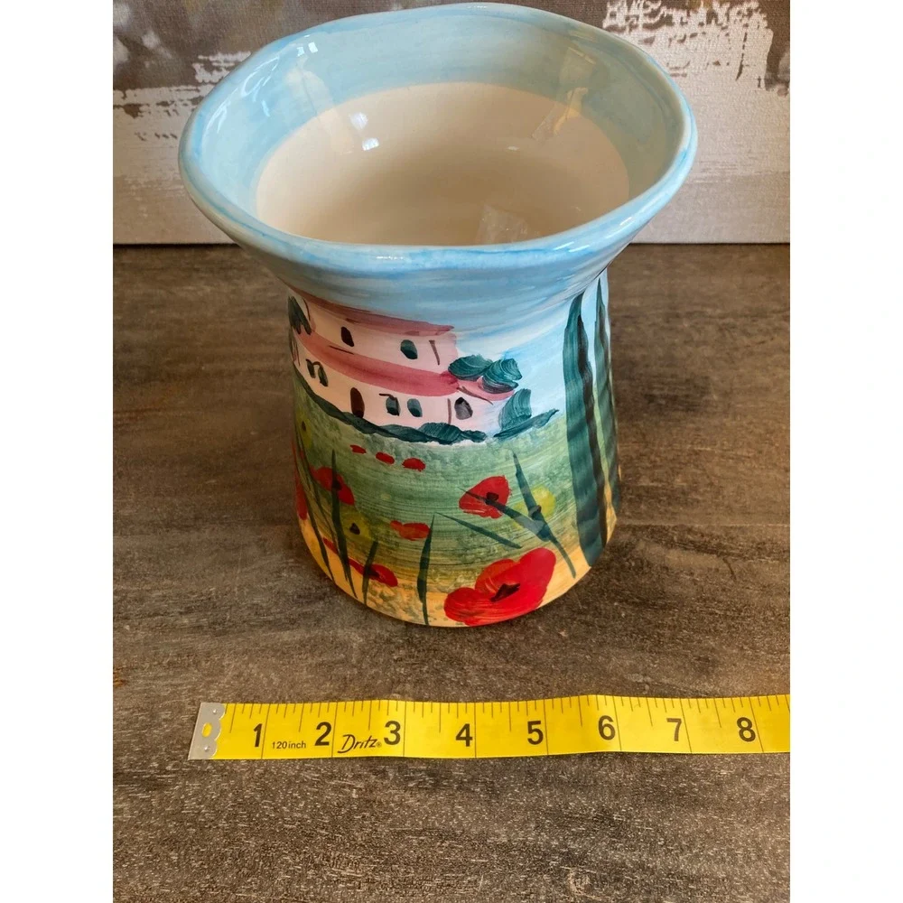 Handcrafted Tuscany Italy Ceramic Vase Hand Painted Villa Poppy Landscape 7.5in